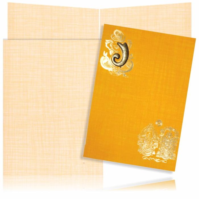 Orange Color Prince Paper Hindu Wedding Card With Balaji And Pamavathi In Gold-KNPM710O-King of Cards