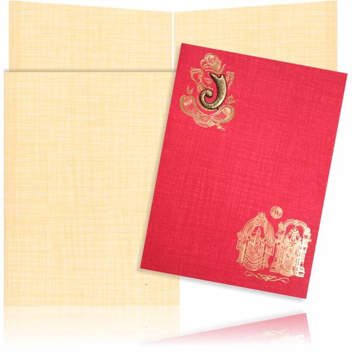 Red Color Prince Paper Hindu Wedding Card With Balaji And Pamavathi In Gold-KNPM710R-King of Cards