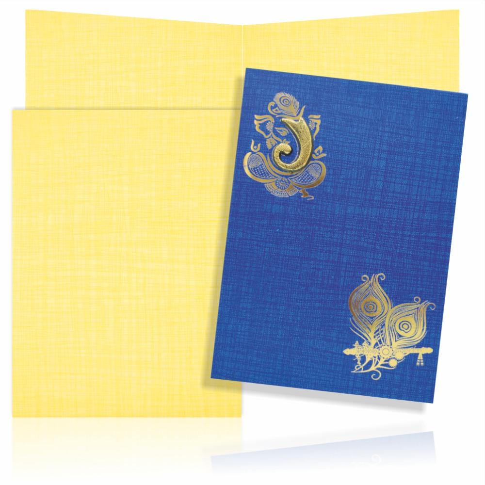 Blue Prince Paper Print Hindu Wedding Card With Ganesha Trunk Sticker-KNPP714B