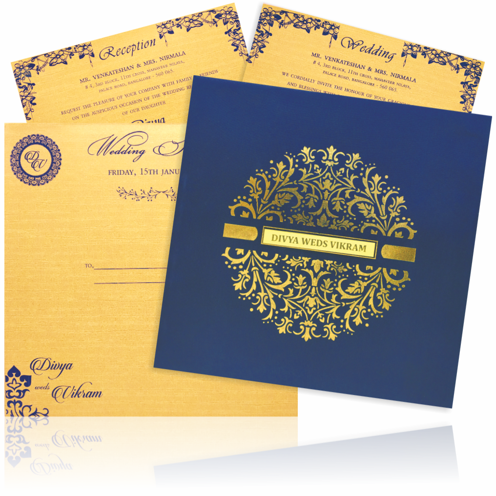 Blue Premium Padded Satin Wedding Card-KNPS6502B