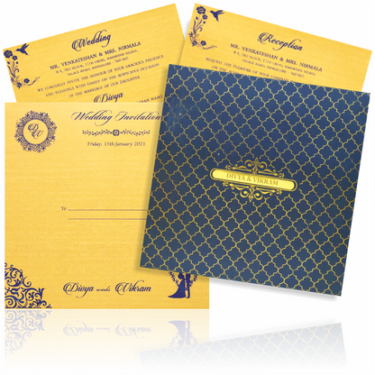 Blue Padded Satin Wedding Invitation Card With Name Plate-KNPS6505B