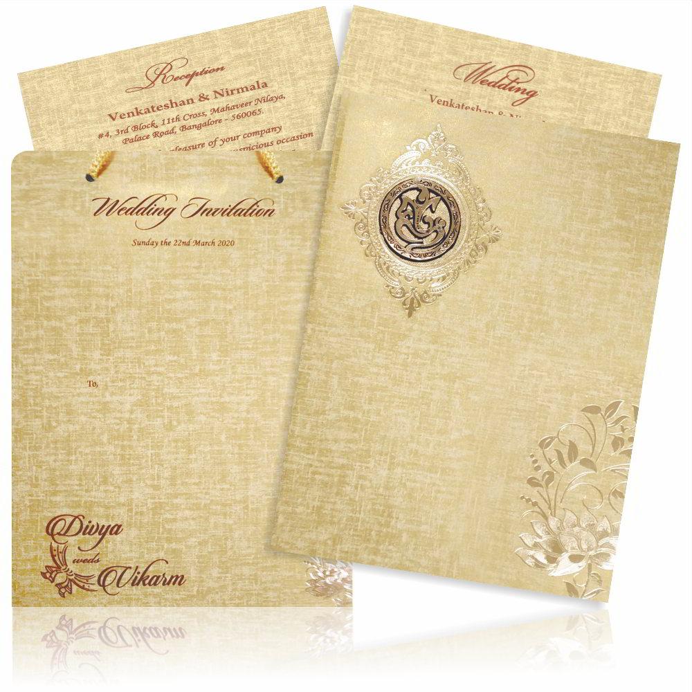 Brown Gold Floral Padded Wedding Card With Ganesha Emblem-KNPS9511N
