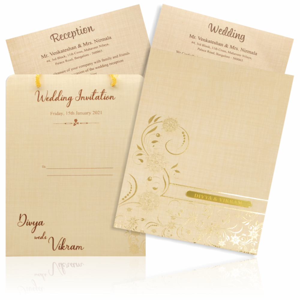Sandal Padded Wedding Card In Floral Gold Print-KNPS9514S