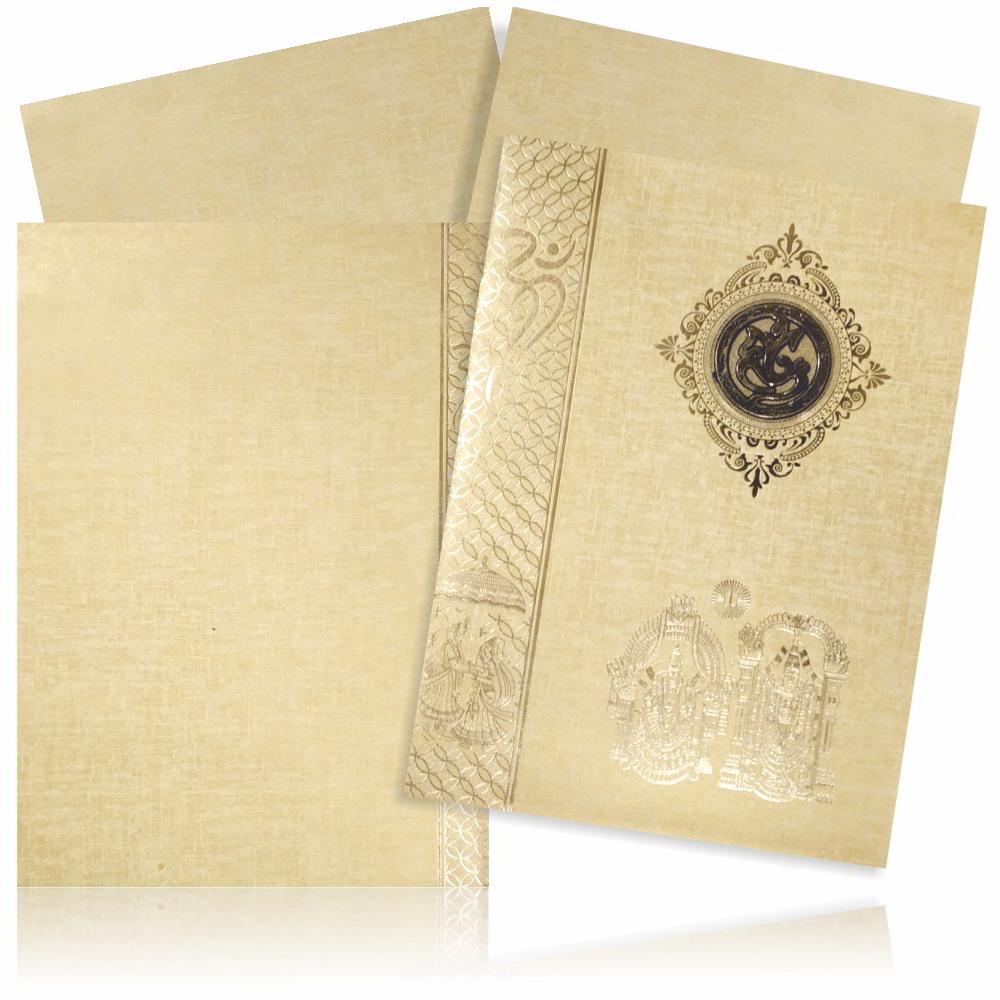 Brown Gold Padded Hindu Wedding Card With Balaji Padmavathi Image-KNPS9520N