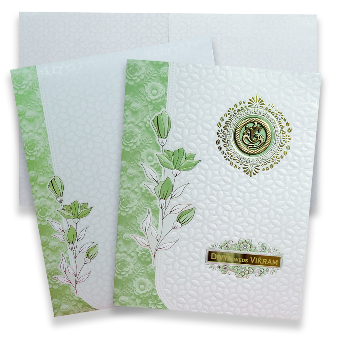 White Green Floral Wedding Card - KNJS2086G