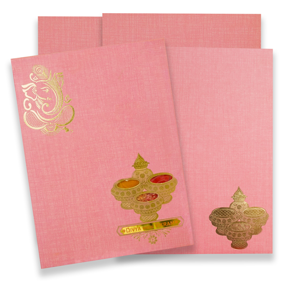 Pink Ganesha Pooja Padded Wedding Card - KNPS95220