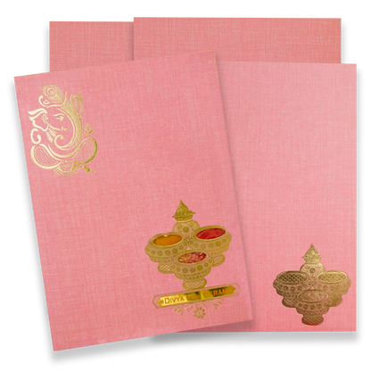 Pink Ganesha Pooja Padded Wedding Card - KNPS9522O