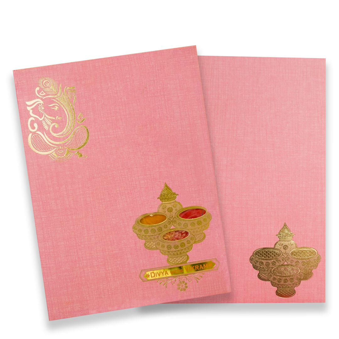 Pink Ganesha Pooja Padded Wedding Card - KNPS9522O