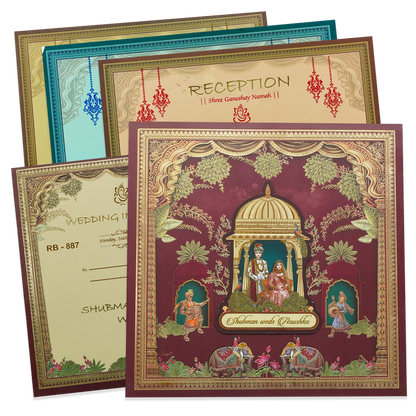 Royal Maroon Floral Padded Wedding Card - KRB08870