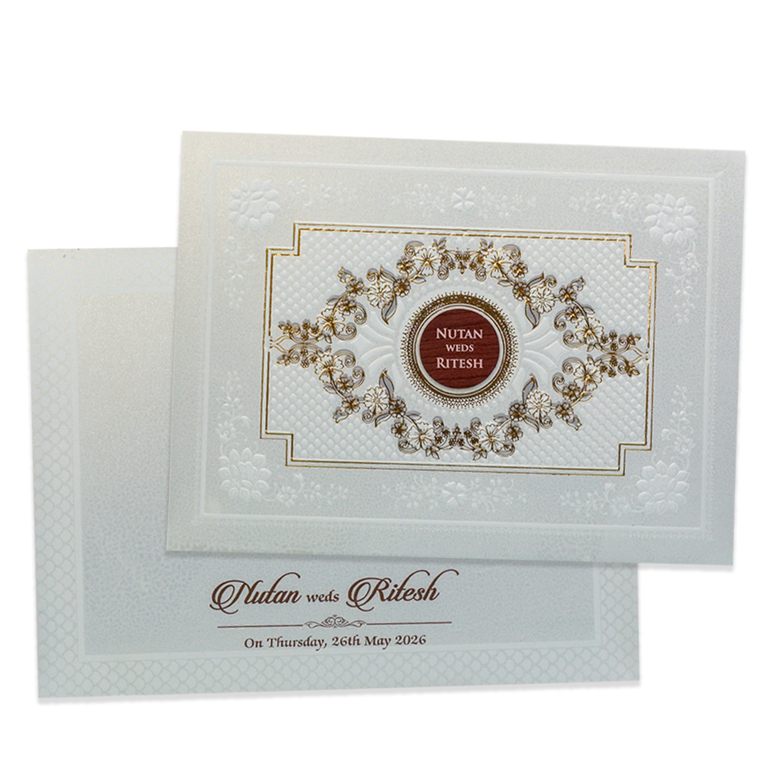 White Floral Embossed Medallion Wedding Card - KRE28610