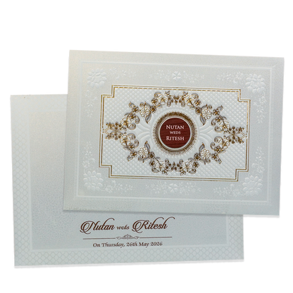 White Floral Embossed Medallion Wedding Card - KRE28610