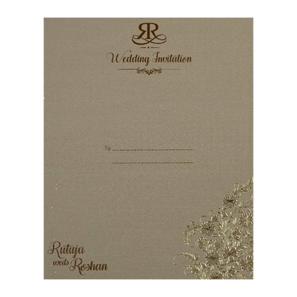 Grey Gold Floral Monogram Padded Wedding Card-KSI64400