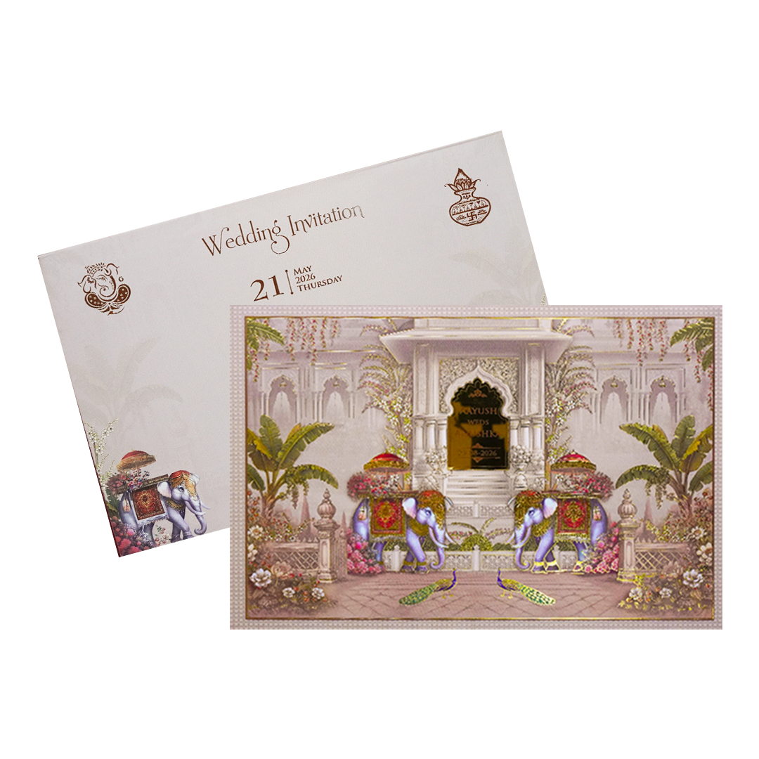 Palace Elephant Peacock Padded Wedding Card-KSH72230