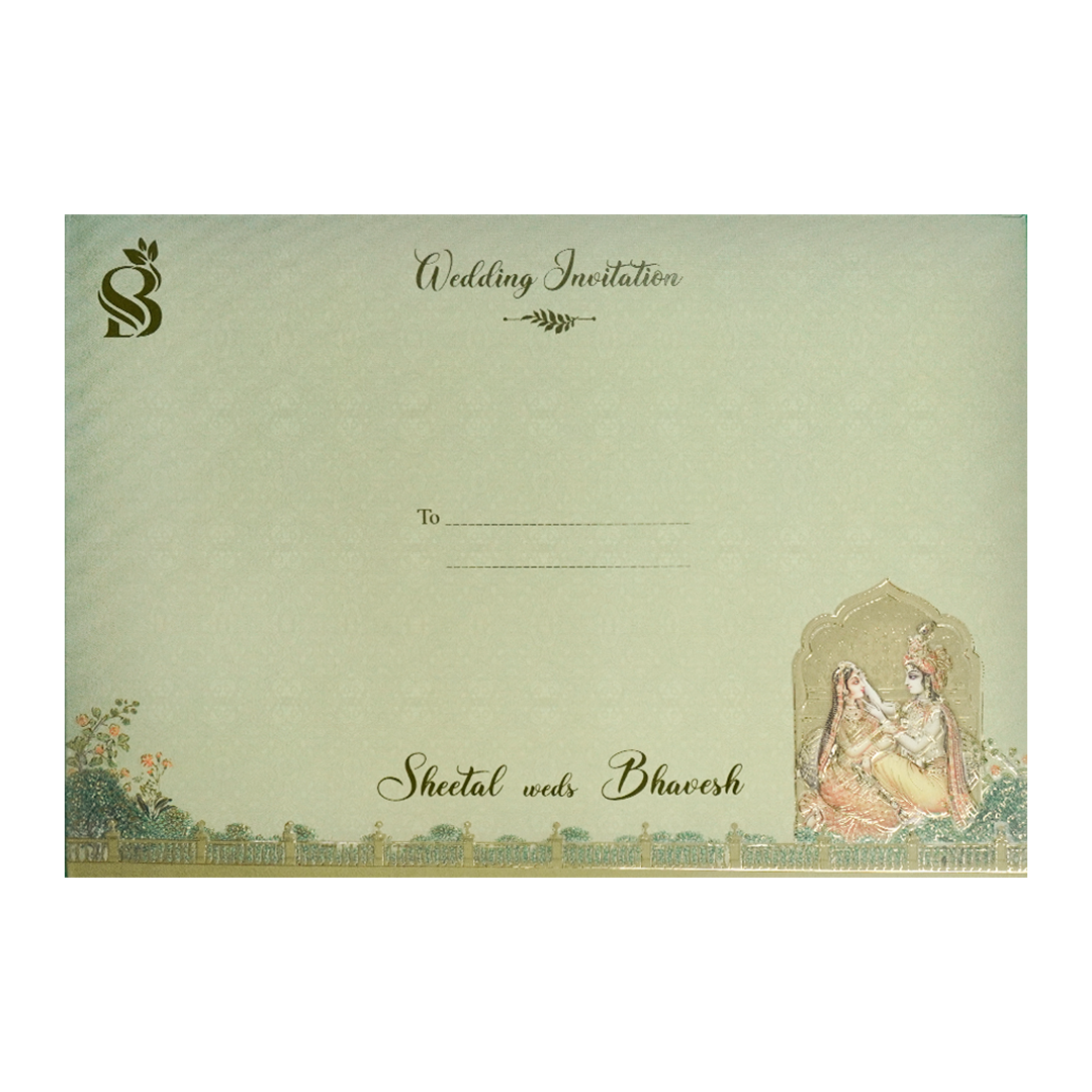 Metallic Green Radha Krishna Padded Wedding Card-KSI64220