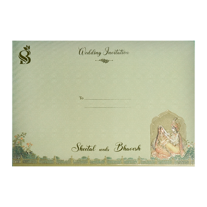 Metallic Green Radha Krishna Padded Wedding Card-KSI64220
