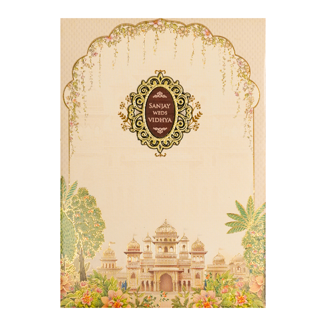 Cream Palace Floral Padded Wedding Card-KSH73080