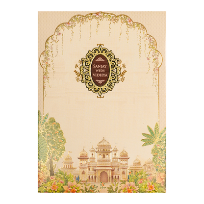 Cream Palace Floral Padded Wedding Card-KSH73080