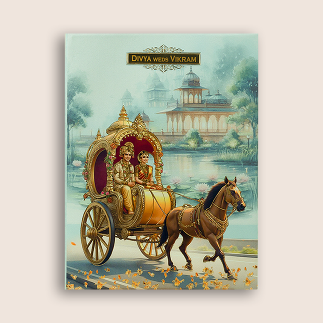 Blue Horse Chariot Padded Wedding Card - KNPS8607