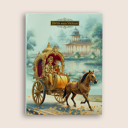 Blue Horse Chariot Padded Wedding Card - KNPS8607
