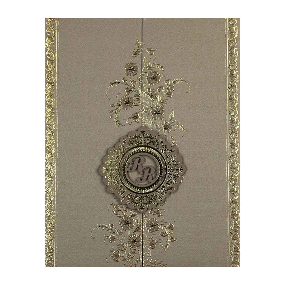 Grey Gold Floral Monogram Padded Wedding Card-KSI64400