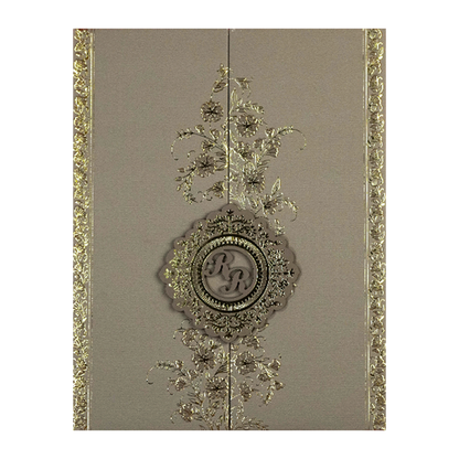 Grey Gold Floral Monogram Padded Wedding Card-KSI64400