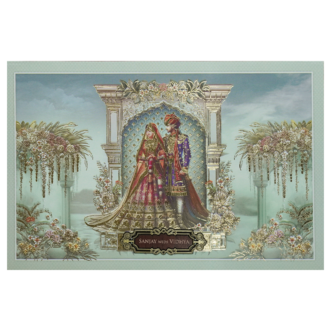 Green Royal Couple Floral Padded Wedding Card-KSH72030