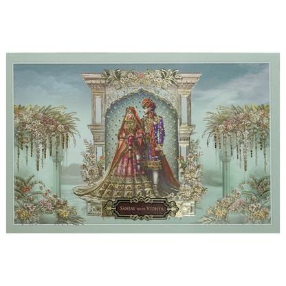 Green Royal Couple Floral Padded Wedding Card-KSH72030