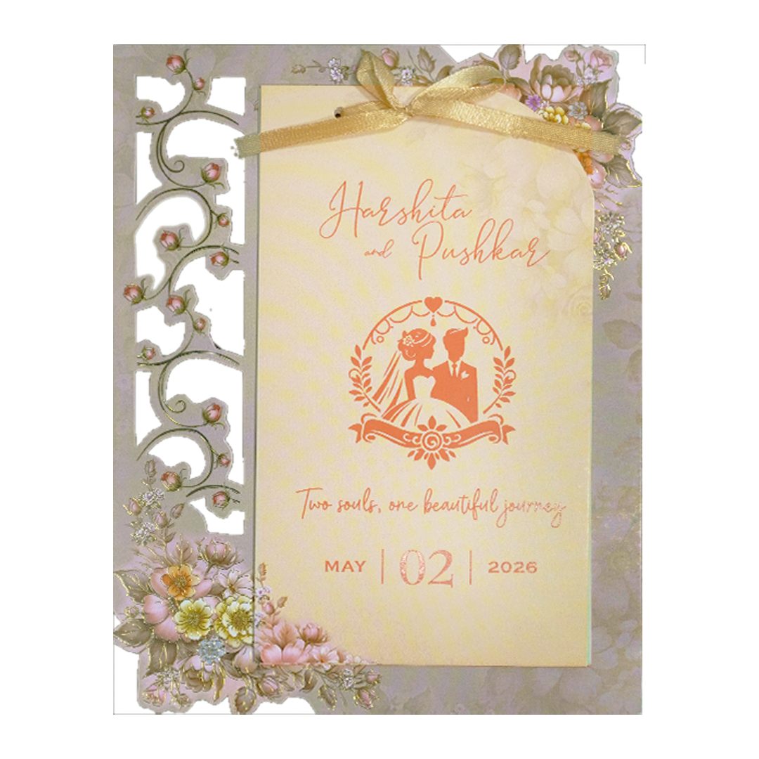 Grey Floral Bow Laser Cut Wedding Card-KSH72890
