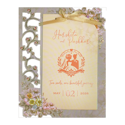 Grey Floral Bow Laser Cut Wedding Card-KSH72890