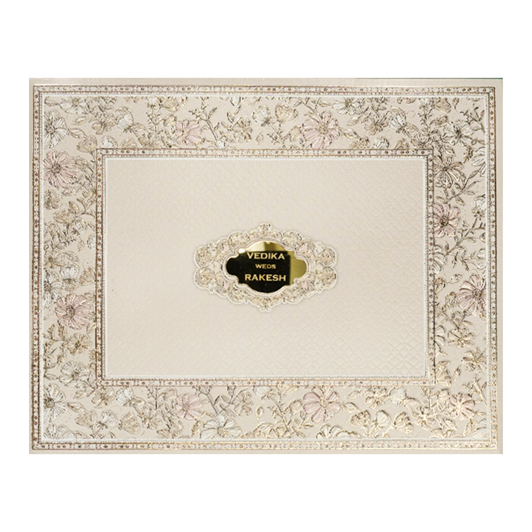 Grey Pastel Floral Border Padded Wedding Card-KSI64160