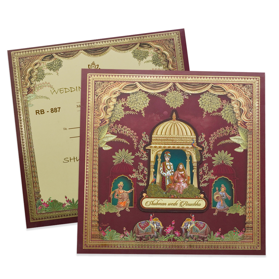 Royal Maroon Floral Padded Wedding Card - KRB08870