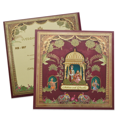 Royal Maroon Floral Padded Wedding Card - KRB08870