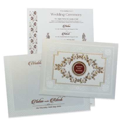 White Floral Embossed Medallion Wedding Card - KRE28610