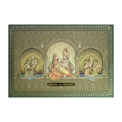 Metallic Green Radha Krishna Padded Wedding Card-KSI64220