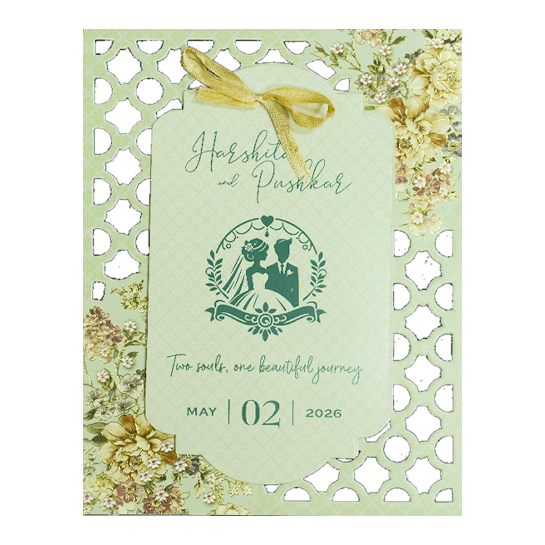 Green Floral Laser Cut Wedding Card-KSH72900