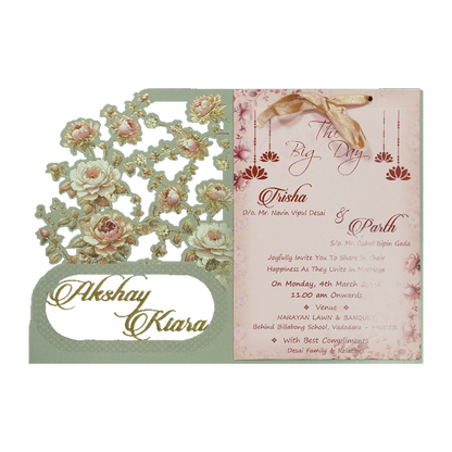 Green Floral Cutwork Wedding Card-KSH72880