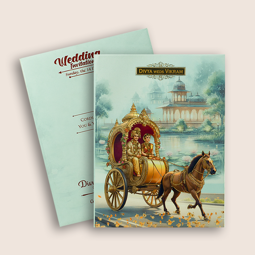 Blue Horse Chariot Padded Wedding Card - KNPS8607