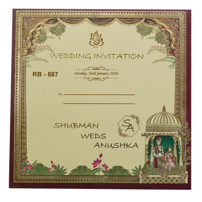 Royal Maroon Floral Padded Wedding Card - KRB08870