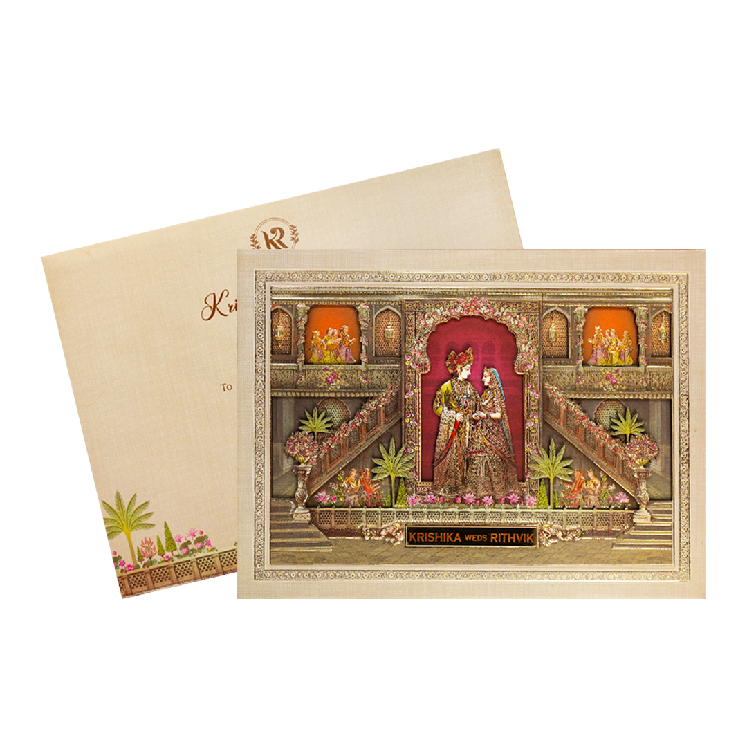 Cream Palace Theme Padded Wedding Card-KSI64010