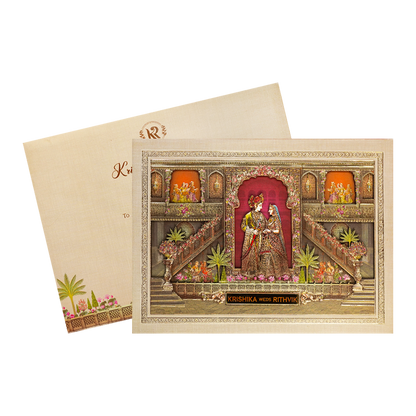 Cream Palace Theme Padded Wedding Card-KSI64010