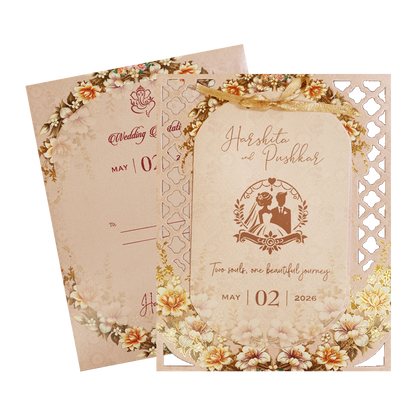 Cream Floral Laser Cut Wedding Card-KSH72910