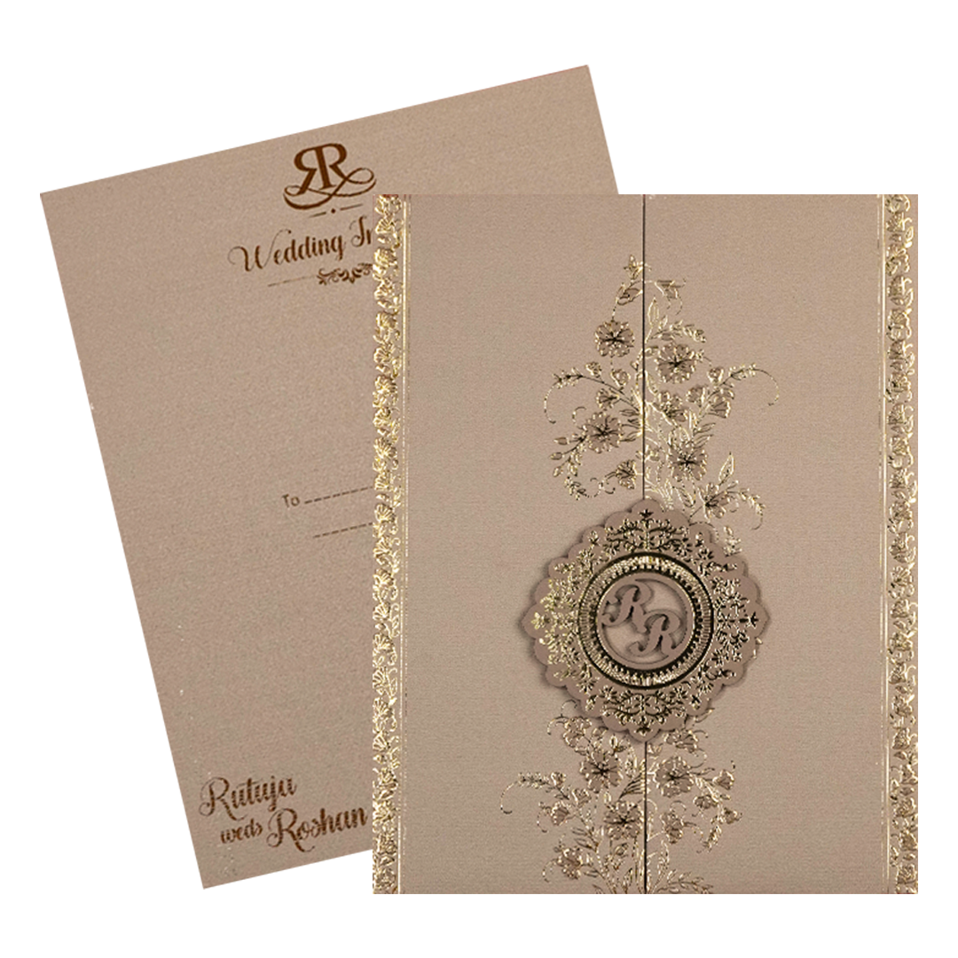 Cream Gold Floral Monogram Padded Wedding Card-KSI64400