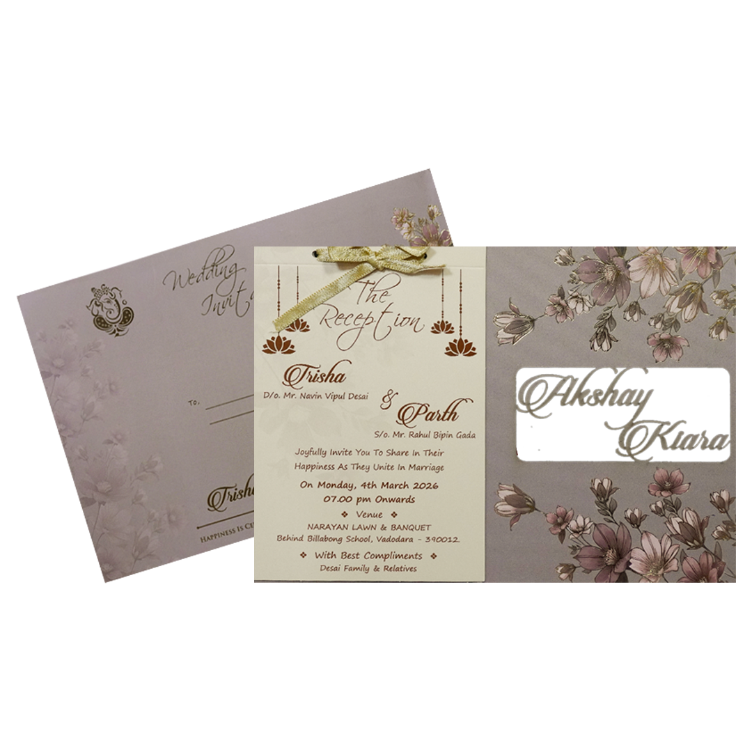 Grey Pink Floral Laser-Cut Wedding Card-KSH72860