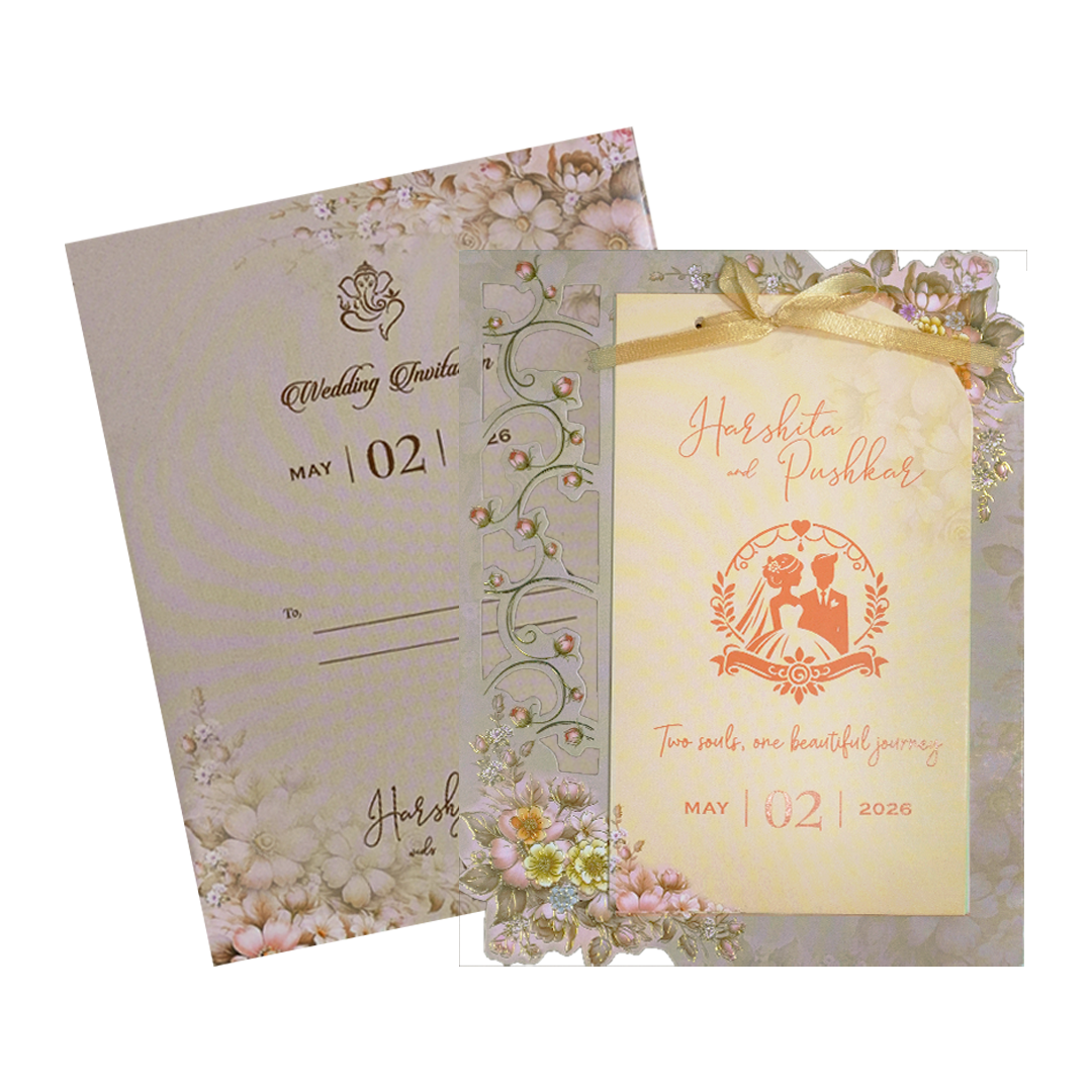 Grey Floral Bow Laser Cut Wedding Card-KSH72890