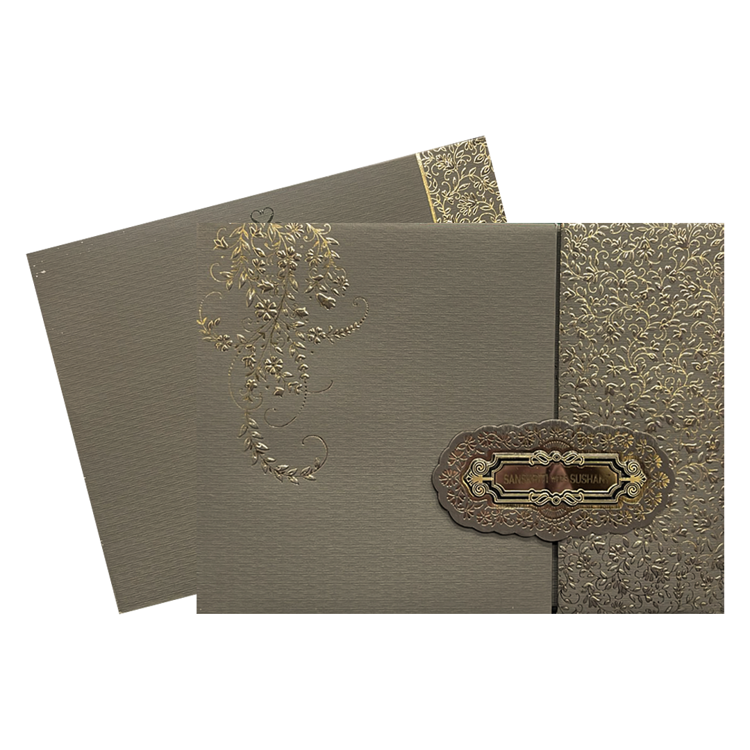 Grey Gold Floral Padded Wedding Card-KSI64430