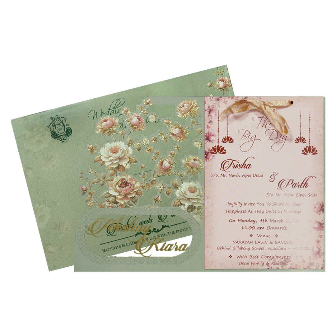 Green Floral Cutwork Wedding Card-KSH72880