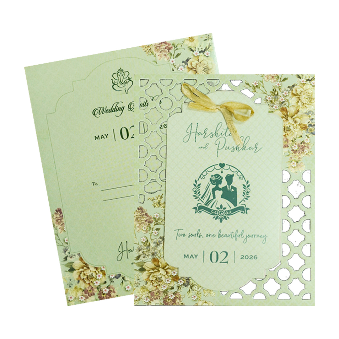 Green Floral Laser Cut Wedding Card-KSH72900