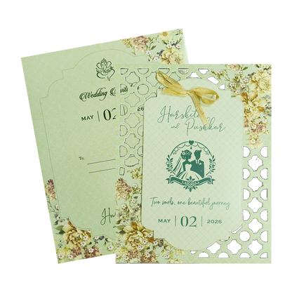 Green Floral Laser Cut Wedding Card-KSH72900