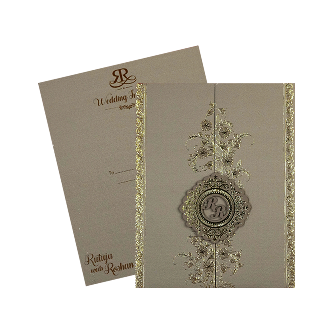 Grey Gold Floral Monogram Padded Wedding Card-KSI64400