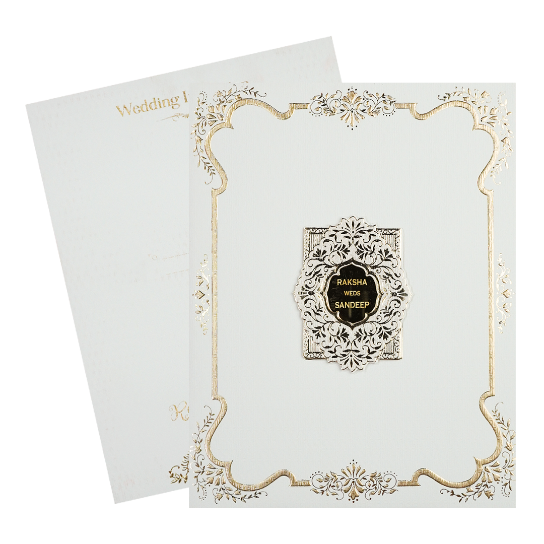 White Gold Floral Border Padded Wedding Card-KSI64350